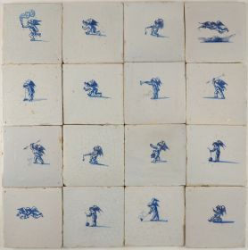 One of a kind set of original 17th century Dutch wall tiles with Cupids in blue