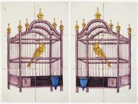 A pair of antique Delft tile murals depicting bird cages with yellow canaries, 19th century