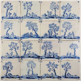 Antique Delft wall tiles in blue with shepherd scenes based on the play 'Il pastor fido', 17th century