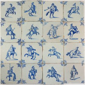 Reclaimed antique Delft wall tiles with horsemen, 17th century