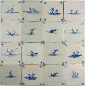 Antique Delft wall tiles with sea creatures, monsters and mythical figures, 17th century