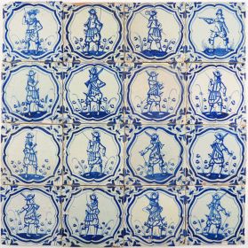 Antique Delft wall tiles with soldiers, 17th century