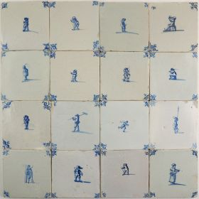 Antique Delft wall tiles in blue depicting small scenes with figures, 17th century