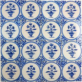 Antique Delft wall tiles in blue with small flower pots, 18th and 19th century