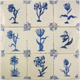 Set of 9 Delft wall tiles with flowers, 17th century