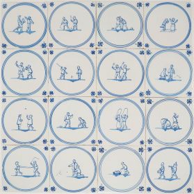 Antique Delft wall tiles in blue with many different child's play scenes, 19th/20th century