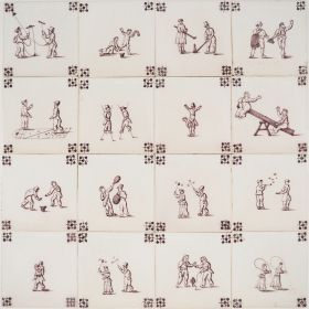 Antique Delft wall tiles in manganese with many different child's play scenes, 19th century