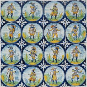 Antique Delft wall tiles with soldiers, 17th century