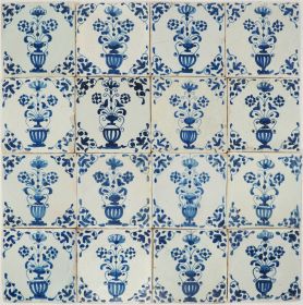 Antique Delft wall tiles with flower pots in blue, 17th century