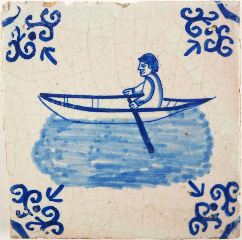 Antique Delft tile with a rowing boat, 17th century