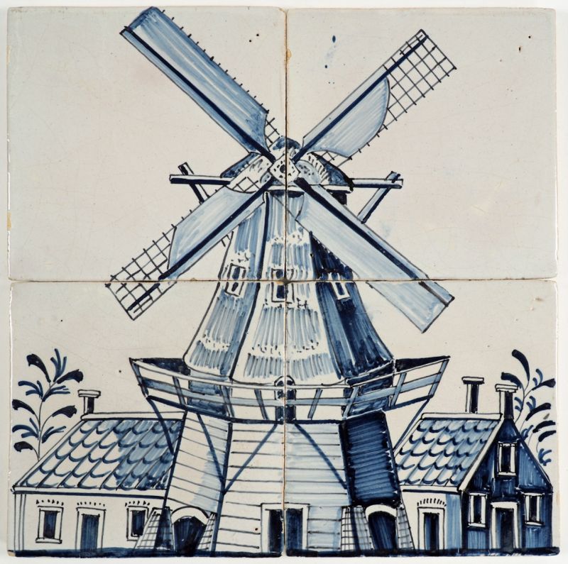 Antique Delft tile mural with a windmill, 18th - 19th century