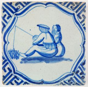 Antique Delft tile with a couple fishing, 17th century