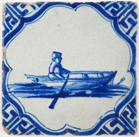 Antique Delft tile with a rowing boat, 17th century