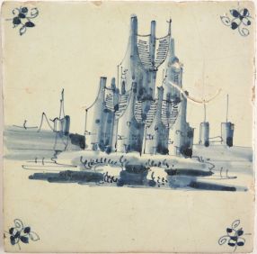 Antique Delft tile with a village, 17th century