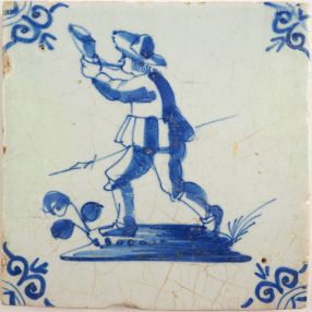 Antique Delft tile with a hunter, 17th century