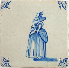 Antique Delft tile with a lady, 17th century
