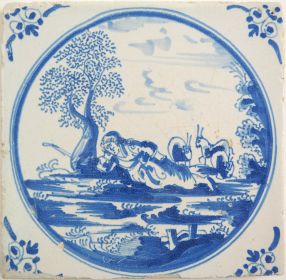 Antique Delft tile with a shepherd, 17th century