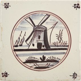Antique Delft tile with a windmill, 18th century