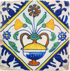 Antique Delft tile with a flowerpot, 17th century