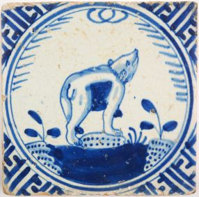 Antique Delft tile with a bear, 17th century 