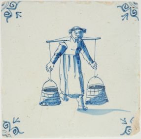 Antique Delft tile with a woman with yoke, 17th century