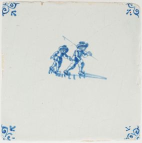 Antique Delft tile with ice skaters, 17th century