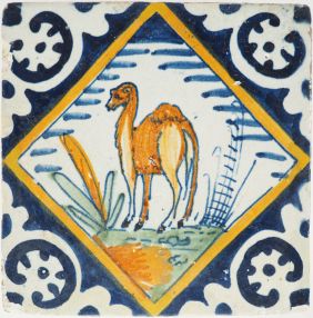 Antique Delft tile with a camel, 17th century