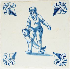 Antique Delft tile with a man with a fish, 17th century
