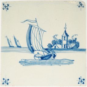 Antique Delft tile with a sailing boat, 18th century