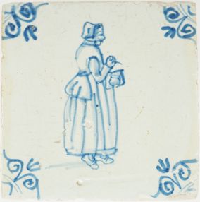 Antique Delft tile with a lady, 17th century