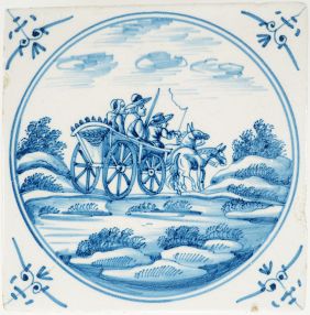 Delft tile ca. 1760 showing a family in a horse-drawn carriage, with stylized ox-head corner motifs and Amsterdam landscape style