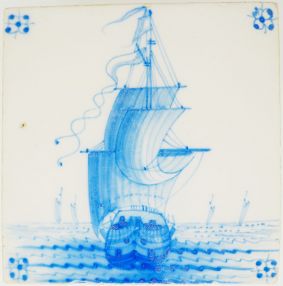Antique Dutch Delft tile with blue warship, Mijnlieff Utrecht, 19th - 20th century