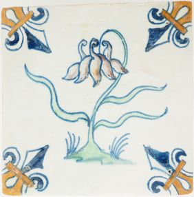 Polychrome Delft tile with stylized columbine flower and fleur-de-lis corners, 17th century (c. 1630)