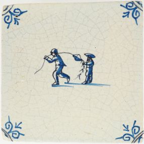 Antique Delft tile with children flying a kite and ox-head corners, 17th century