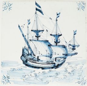 Antique Delft tile with Fluyt ship, 17th century