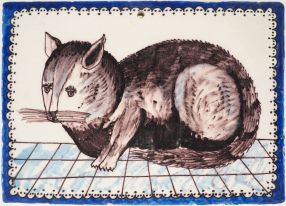 Antique Delft plaque with a stylized cat in manganese and blue, 18th / 19th century