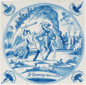 Antique Delft tile with Balaam and angel biblical scene, Amsterdam, 18th century