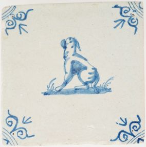 Antique Delft tile with standing dog seen from behind, 17th century