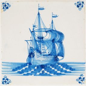 Antique Delft tile with a Fluyt ship, 17th century