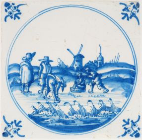 Antique Delft tile with a winter scene of figures skating on ice, 17th century