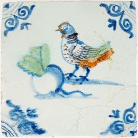 Antique Delft tile with chicken and radish, 17th century