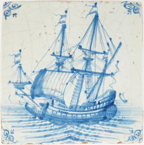 Dutch Delft tile with warship in blue, ox-head corners, ca. 1600, Rotterdam region