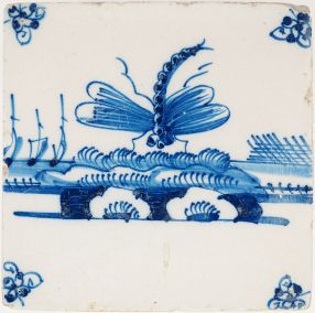 Antique Delft tile with flying dragonfly and sailing ships, 18th century