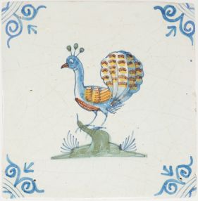 Antique Delft tile with polychrome peacock, 17th century