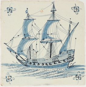 Antique Delft tile depicting a 17th-century warship under sail with lily corners, made in Amsterdam circa 1640–1650