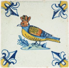 Antique Delft tile with a polychrome hoopoe bird, 17th century