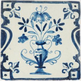 Antique Delft tile with flower vase, 17th century