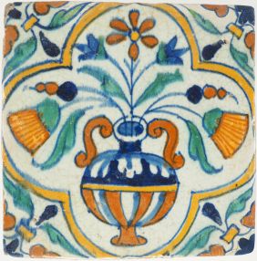 Antique Delft tile with polychrome flower vase and winged leaf corners, 17th century