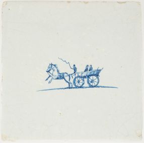 Antique Delft tile with blue horse and buggy, 17th century