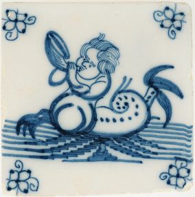 Antique Delft tile with blue merman blowing a conch shell, 18th century